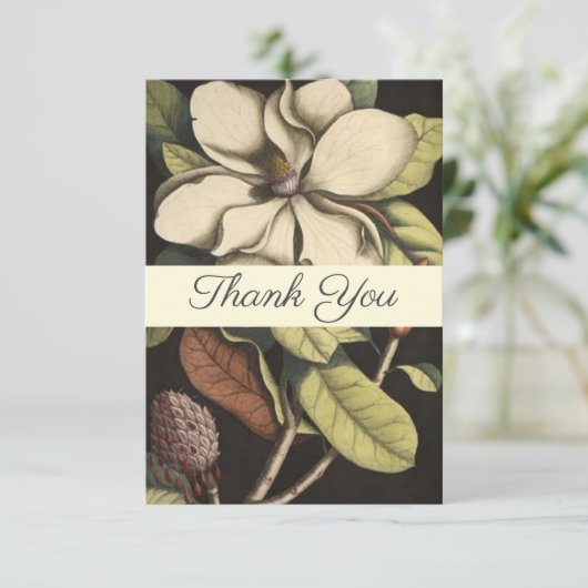 Elegante Sage Cream Magnolia Script Floral Busines Dankeskarte (Stehend Vorderseite)