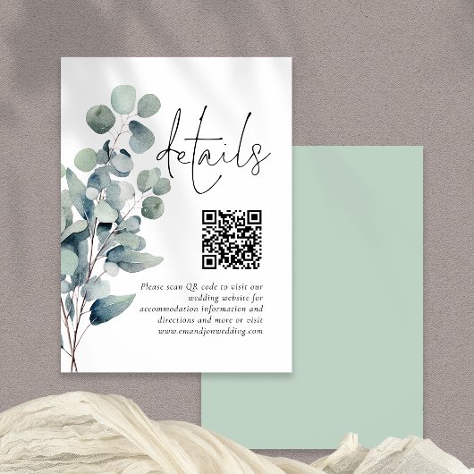 Elegante Sage Eucalyptus QR Code Hochzeitdetails Begleitkarte