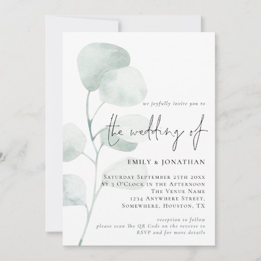 Elegante Sage Eucalyptus QR Code Wedding Einladung (Vorderseite)