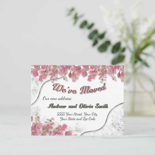 Elegante Sage Foil Hübsch rosa Foliage Neue Adress Postkarte (Stehend Vorderseite)