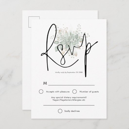 Elegante Sage Foliage Black Script Wedding RSVP Einladungspostkarte (Vorne/Hinten)