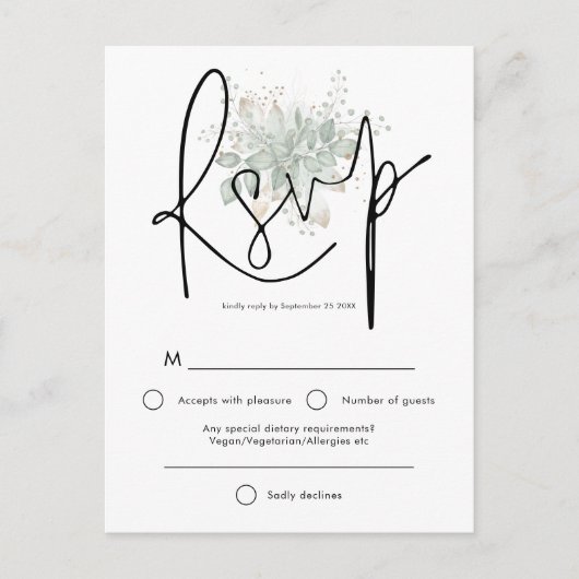 Elegante Sage Foliage Black Script Wedding RSVP Einladungspostkarte (Vorderseite)