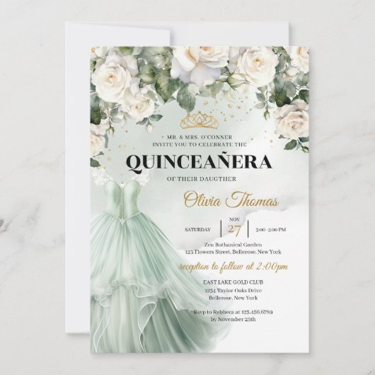 Elegante Sage Formal Dress White Roses Grüne Einladung (Vorderseite)