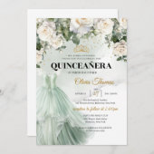 Elegante Sage Formal Dress White Roses Grüne Einladung (Vorne/Hinten)