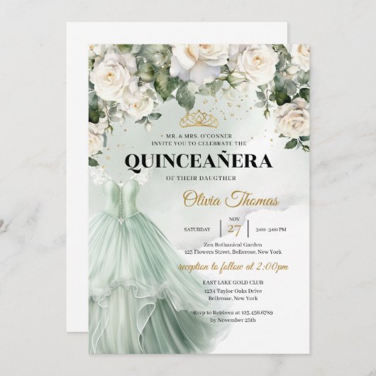 Elegante Sage Formal Dress White Roses Grüne Einladung (Vorne/Hinten)