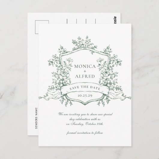 Elegante Sage French Garden Wedding Save the Date Postkarte (Vorne/Hinten)
