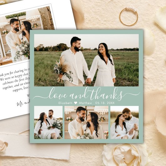 Elegante Sage Green 4 Foto Collage Script Hochzeit Dankeskarte