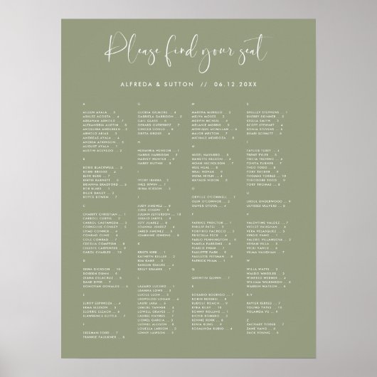 Elegante Sage Green Alphabetisches Sitzdiagramm Poster (Vorne)