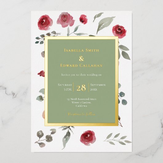 Elegante Sage Green Blätter Burgundy Rose Gold Folieneinladung (Vorderseite)