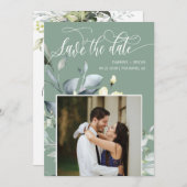 Elegante Sage Green Blätter QR Code Foto Hochzeit Save The Date (Vorne/Hinten)
