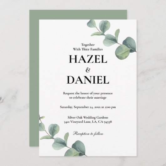 Elegante Sage Green Botanical Wedding Einladung (Vorne/Hinten)