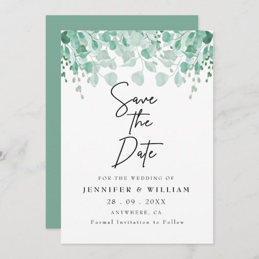 Elegante Sage Green Botanical Wedding Save the Dat Einladung (Vorne/Hinten)