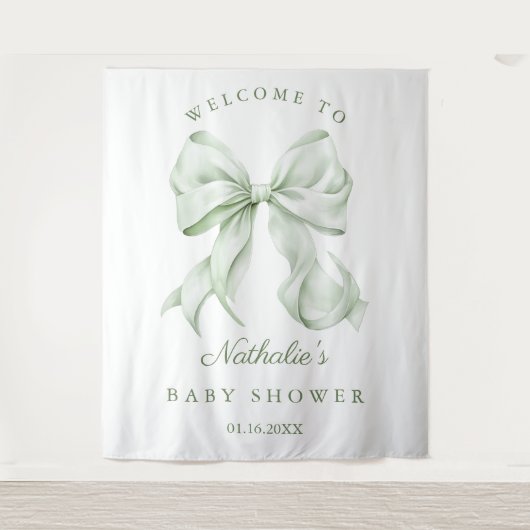 Elegante Sage Green Bow Baby Dusche Hintergrund Wandteppich (Vorderseite)