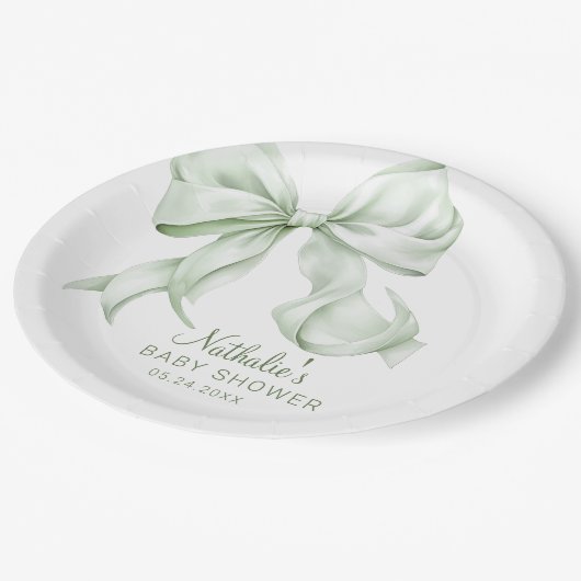 Elegante Sage Green Bow Baby Shower Pappteller (Schrägansicht)