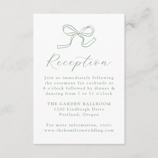 Elegante Sage Green Bow Hochzeitsempfehlung Begleitkarte (Vorderseite)