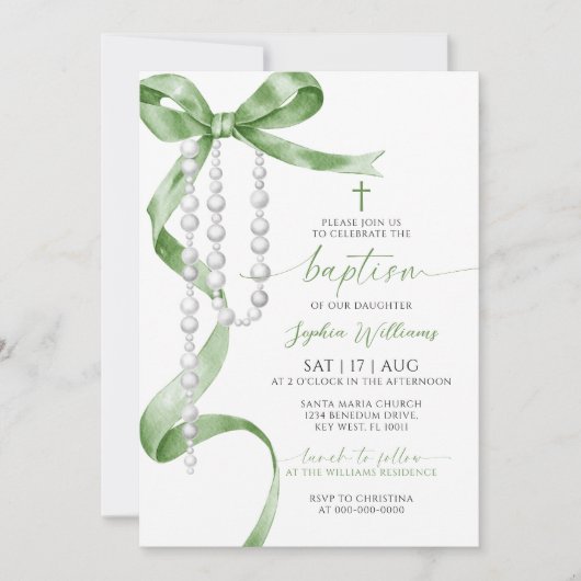 Elegante Sage Green Bow & Rosary Baptisse Einladung (Vorderseite)