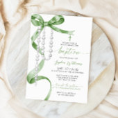 Elegante Sage Green Bow & Rosary Baptisse Einladung