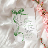 Elegante Sage Green Bow & Rosary Baptisse Einladung