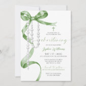 Elegante Sage Green Bow & Rosary Christening Einladung (Vorderseite)