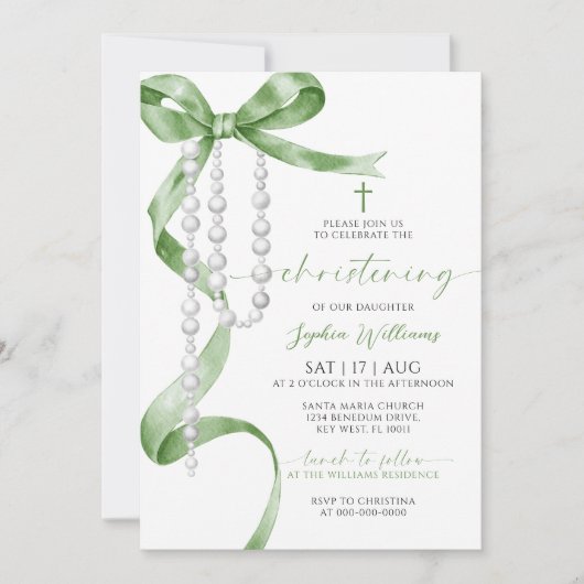 Elegante Sage Green Bow & Rosary Christening Einladung (Vorderseite)