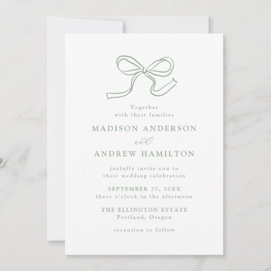 Elegante Sage Green Bow Wedding Einladung (Vorderseite)