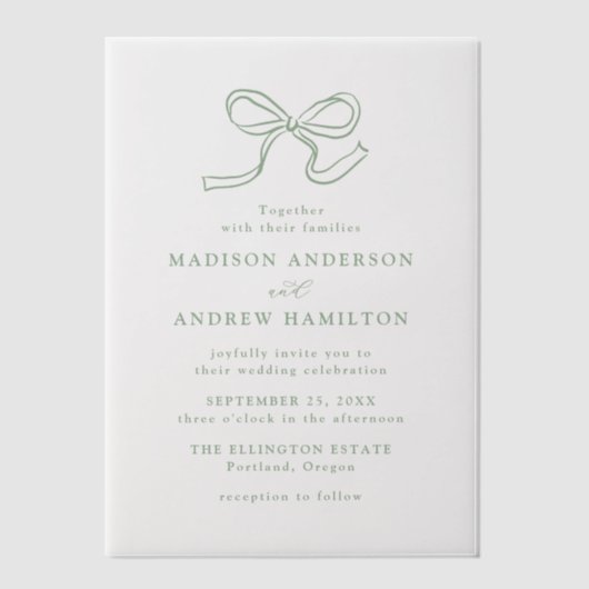 Elegante Sage Green Bow Wedding Pergament Einladungen (Vorderseite)