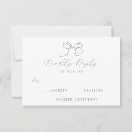 Elegante Sage Green Bow Wedding RSVP Karte (Vorderseite)