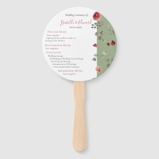 Elegante Sage Green Burgund Rose Hochzeit Zeremoni Fächer (Vorderseite)