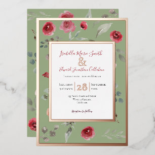 Elegante Sage Green Burgundy Rose Rose Gold Folieneinladung