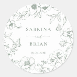 Elegante Sage Green Classic Floral Wedding Runder Aufkleber