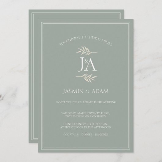 Elegante Sage Green Classic Hochzeiten Einladung (Vorne/Hinten)