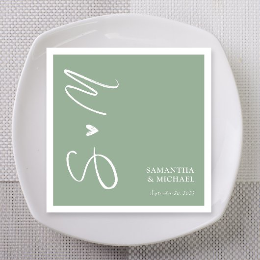 Elegante Sage Green Custom Initials Wedding Napkin Serviette