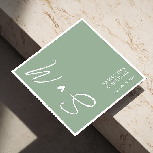 Elegante Sage Green Custom Initials Wedding Napkin Serviette