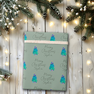 Elegante Sage Green Custom Merry Christmas Tree Wr Geschenkpapier
