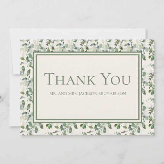 Elegante Sage Green Eucalyptus Blätter Cream Weddi Dankeskarte (Vorderseite)