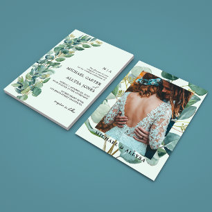 Elegante Sage Green Eucalyptus & Foto Wedding Einladung