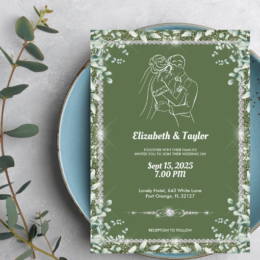 Elegante Sage Green Eucalyptus Glitzer Wedding Einladung