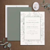 Elegante Sage Green Floral Line Art Wedding Einladung