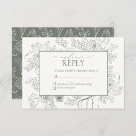 Elegante Sage Green Floral Line Art Wedding RSVP Karte