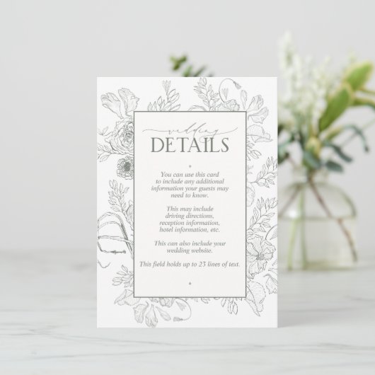 Elegante Sage Green Floral Line Details zur Hochze Begleitkarte (Stehend Vorderseite)