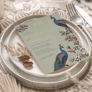 Elegante Sage Green Floral Peacock Wedding Folieneinladung