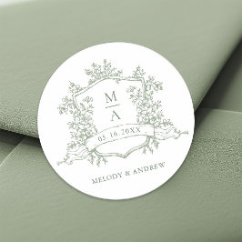 Elegante Sage Green Floral Wappen Monogramme Hochz Runder Aufkleber