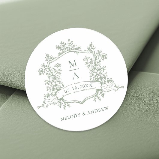 Elegante Sage Green Floral Wappen Monogramme Hochz Runder Aufkleber