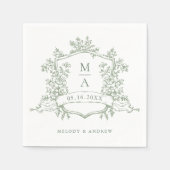 Elegante Sage Green Floral Wappen Monogramme Hochz Serviette (Vorderseite)