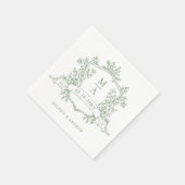 Elegante Sage Green Floral Wappen Monogramme Hochz Serviette (Ecke)