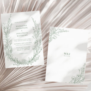 Elegante Sage Green Floral Wreath Monogram Wedding Einladung