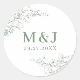 Elegante Sage Green Floral Wreath Monogram Wedding Runder Aufkleber