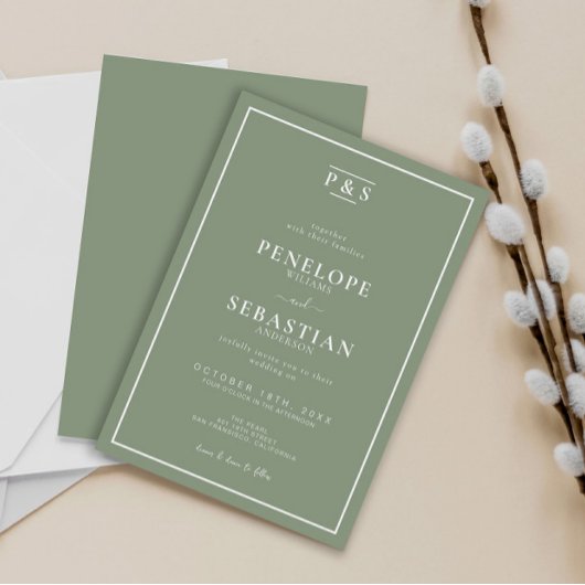 Elegante Sage Green Formal Monogram Wedding Einladung