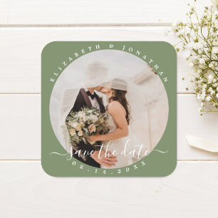 Elegante Sage Green Foto Hochzeit speichern das Da Quadratischer Aufkleber