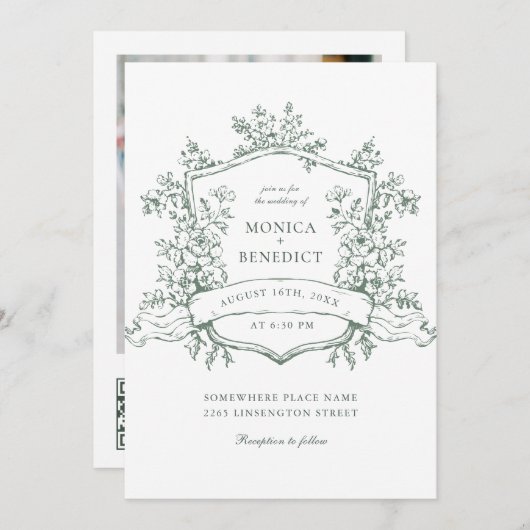 Elegante Sage Green French Garden Wedding QR Code Einladung (Vorne/Hinten)